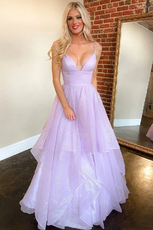 Doorbuster Deal Purple tulle long prom dress A line evening gown,DS3855