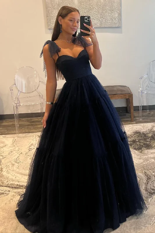 party dressDark Navy Bow Tie Shoulder Dot Tulle A-line Long Prom Dress,DP06