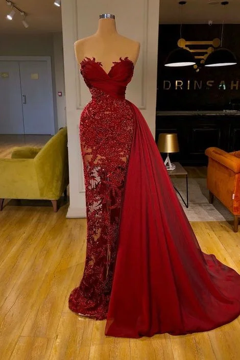 Overstock Sale luxury Burgundy Detachable Train Mermaid Prom Dress with Lace,F04810