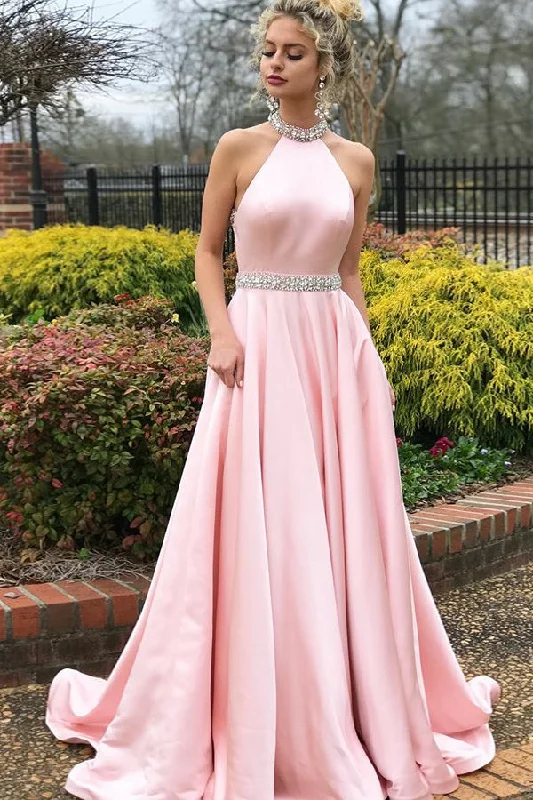 backless dressA-Line Pink Satin Open Back Sleeveless Prom Dress with Beading,DP0198