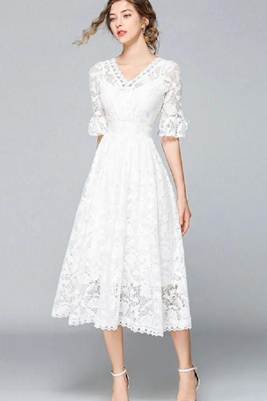 Price Reduction Half Ruffle Sleeve Hollow Out Lace Dress