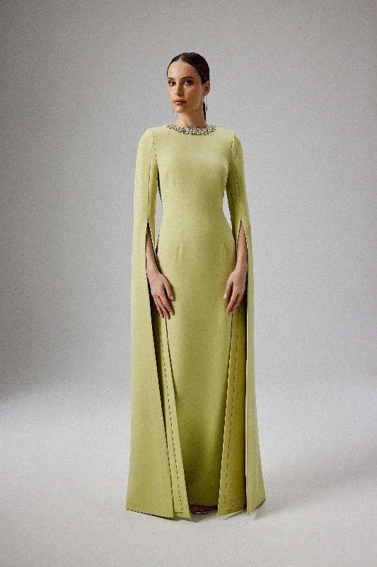 v-neck dressKELLY Cape Sleeve Maxi Dress in Lime Green