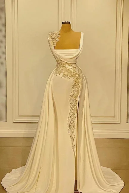 Lowest Price A-Line Wide Straps Square Neckline Beading Prom Dress With Side Slit,F04796