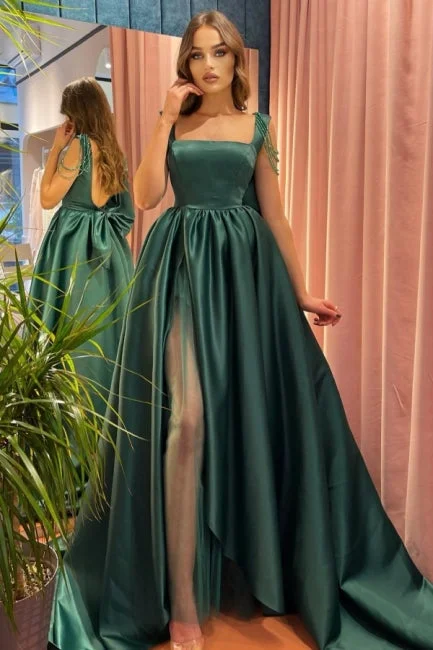Bargain Prices Modest Green A-Line Square Neckline Straps Prom Dresses with Slit,F04793