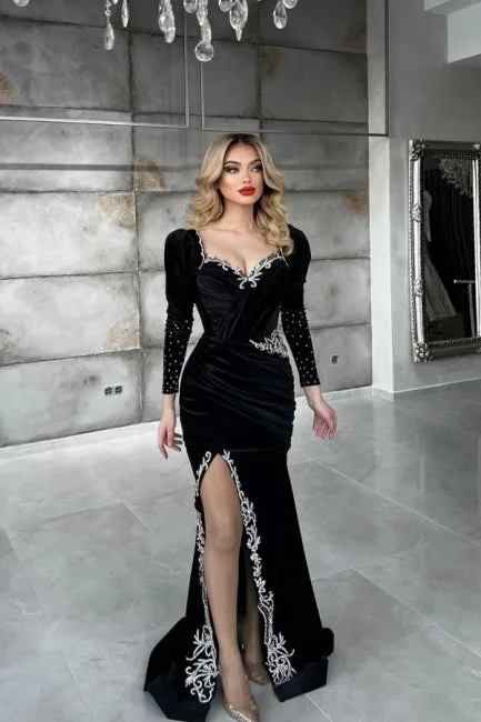 Exclusive Savings Sexy Black Sequined Column Appliques Long Sleeves Split Front Floor-length Prom Dresses,F04790