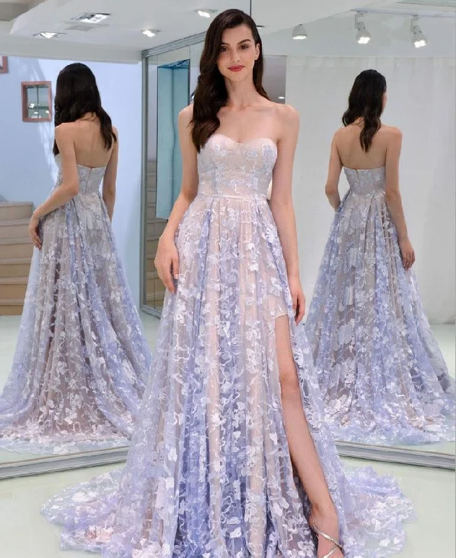 Doorbuster Deal Charming Sweetheart Strapless Lace Appliques Lilac Prom Dresses,DS4128