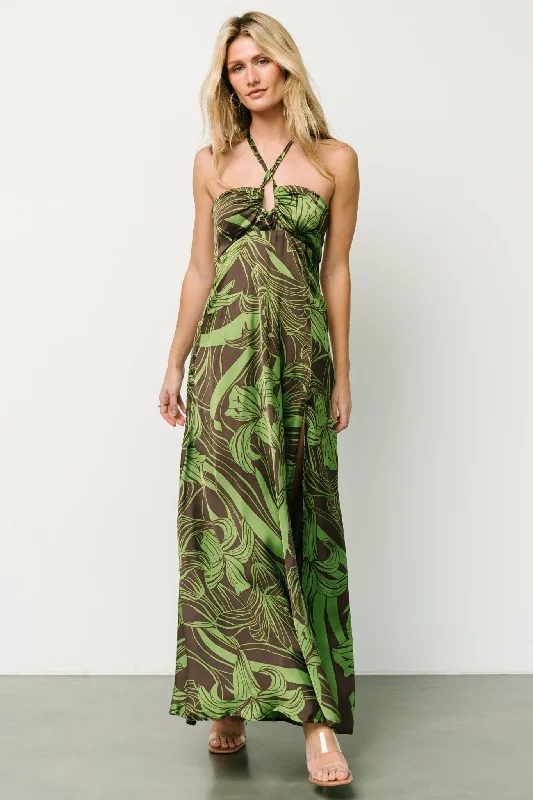 Incredible Offers Norah Halter Dress | Brown + Green Print