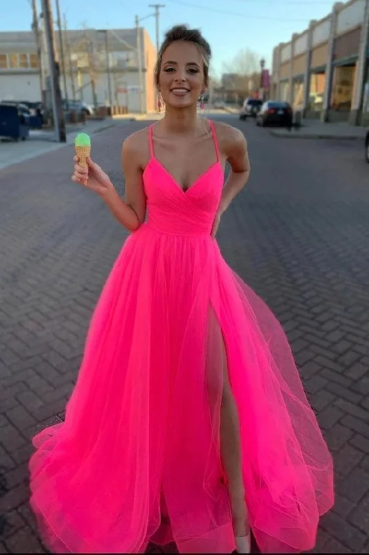 Price Slash Modest Tulle V Neck Spaghetti Straps Pink Long Prom Dresses,DS4127