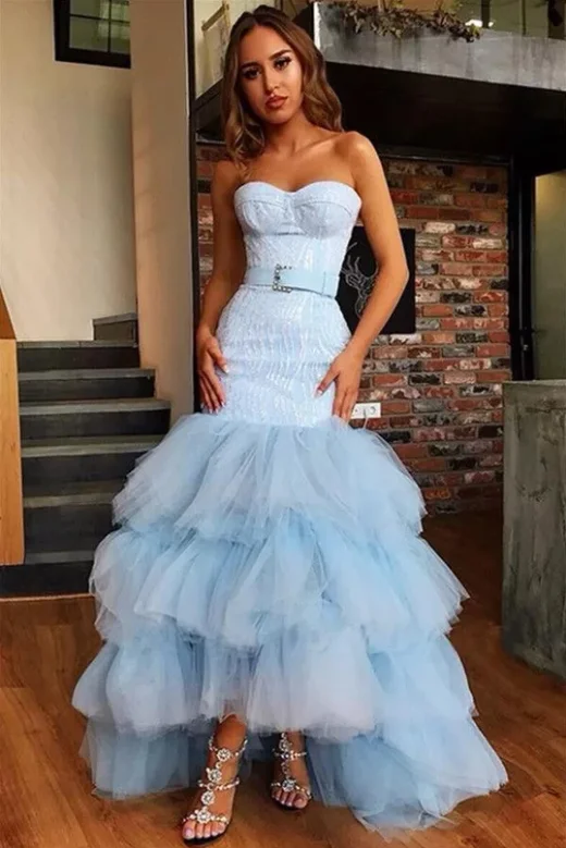 Midnight Sale Light Blue Mermaid Strapless Tulle Prom Dresses , Prom outfits Bowknot Layers Evening Dresses,DS4428