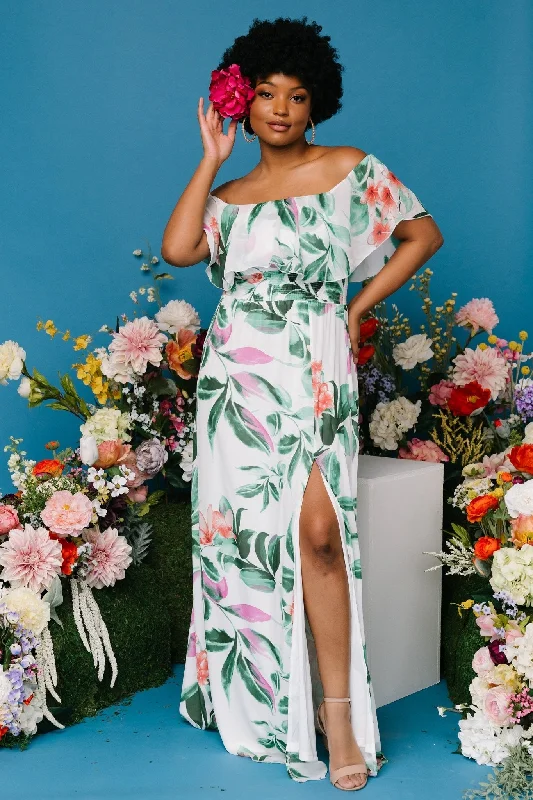 Final Markdown Daphne Off Shoulder Maxi Dress | White + Green Multi Floral