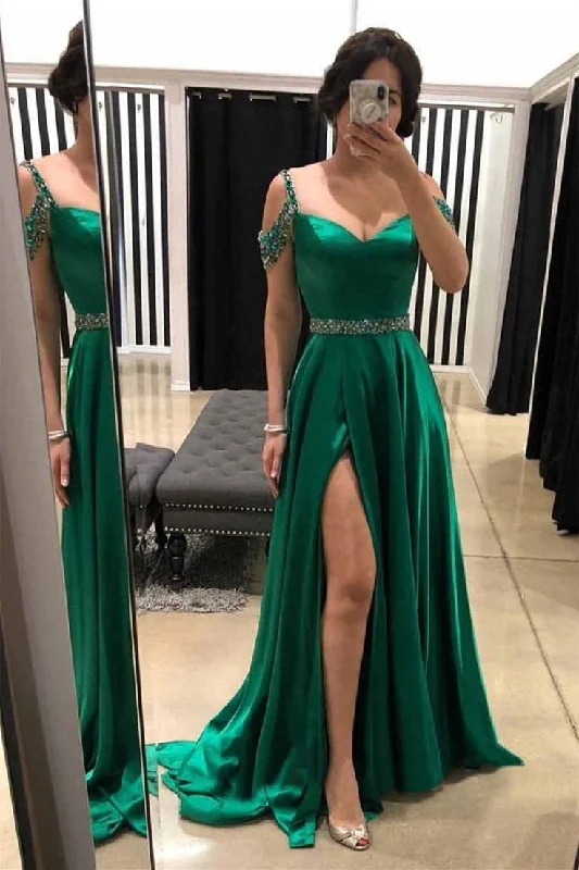 satin midi dressOff Shoulder Beaded Green Satin Long Prom Dresses with High Slit,DP056