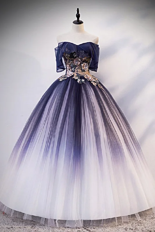 Value Deals Navy Blue Tulle Off Shoulder Strapless Long Customize Prom Dress With Applique,DS4362