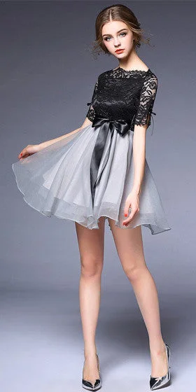 Take Advantage Black Lace Dress with grey shirred skirt