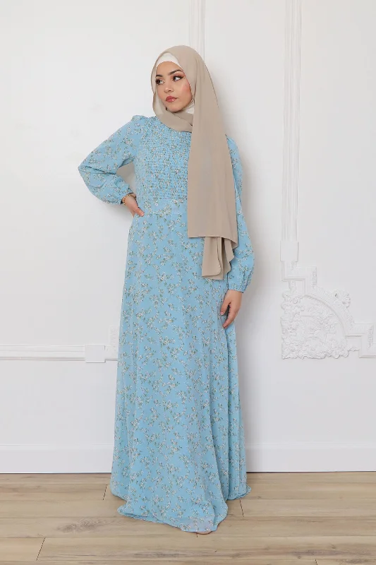 Can't Miss Raven Floral Shirred Dress- Blue Gray