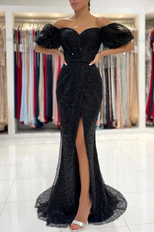 Lowest Price SEXY OFF-THE-SHOULDER BLACK MERMAID SEQUINS PROM DRESS LONG WITH SLIT,DS3498