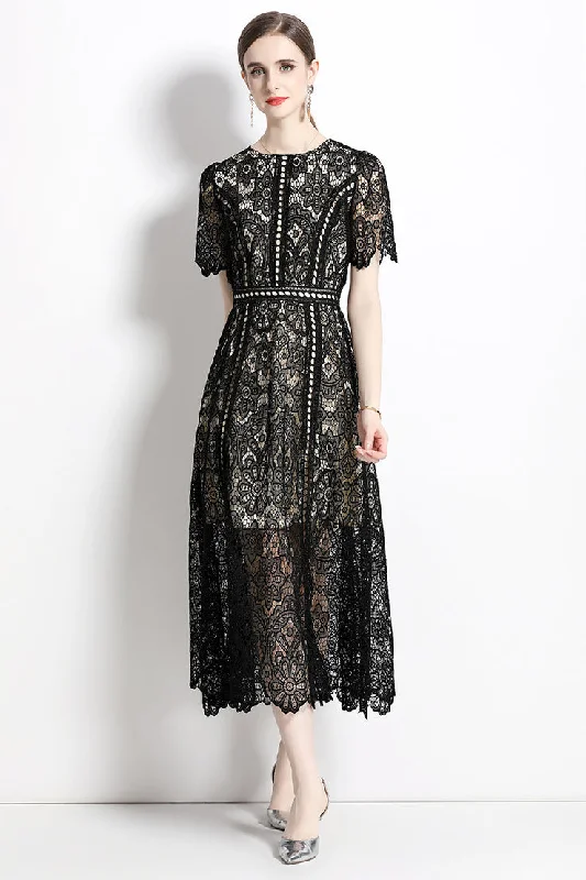 Limited Edition Short Sleeve O Neck A-Line Long Black Dress