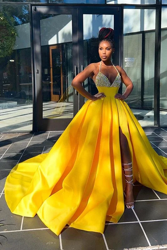 elegant maxi dressYellow Evening Dress Halter V Neck Long Prom Dress Pleated,DP0132