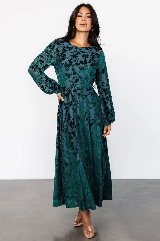 long-sleeve floral dressThora Velvet Dress | Emerald Floral