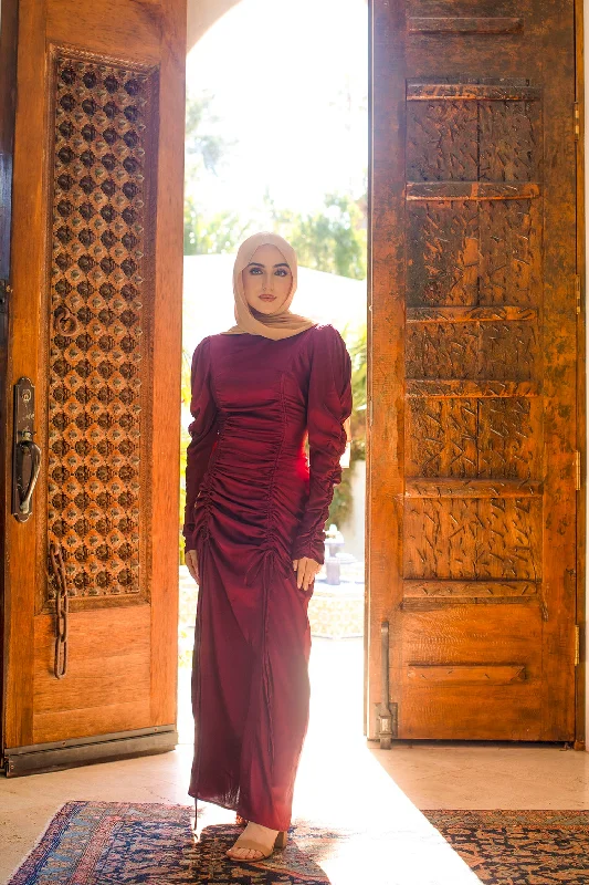 Don’t Miss Out Luna Ruched Satin Dress- Mahogany