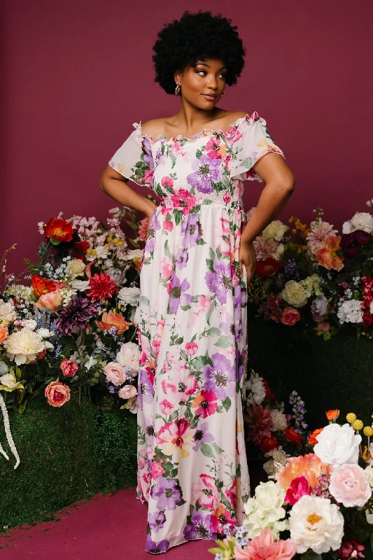 Limited Quantity Elina Maxi Dress | Ivory + Pink Multi Floral