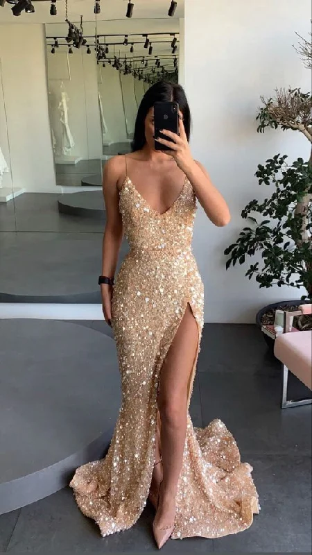 summer floral dressGold engagement dress spaghetti straps prom dress leg split sequins evening dress,ED5792