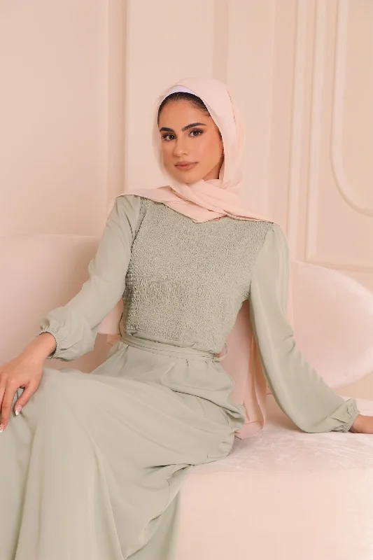 Discount Deals Raven Shirred Chiffon Dress- Light Sage