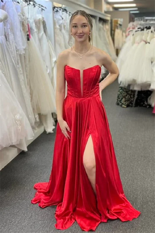 formal dressRed Satin Strapless A-line Bow Long Prom Dress with Slit,DP09