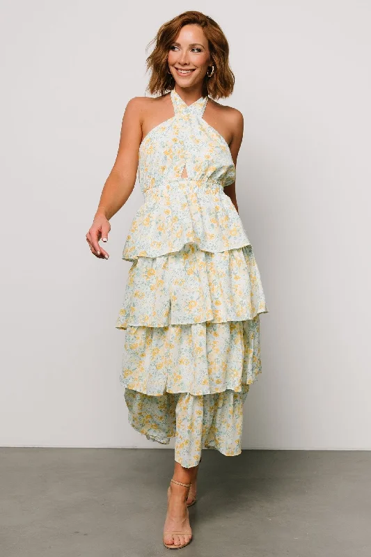 Special Discount Chelles Halter Tiered Dress | Blue + Yellow
