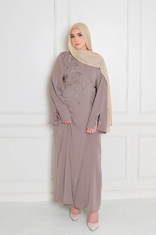 textured dressLilian Embroidery Abaya Set- Taupe