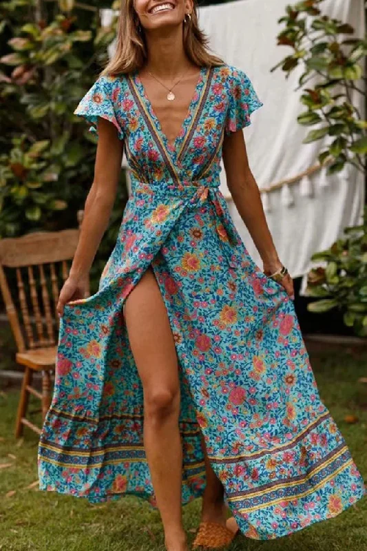 Act Now Ruffle Sleeve Waist Belted Slit Fit&Flare Dress