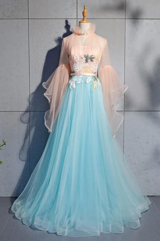 Now or Never Blue tulle lace long prom dress, blue tulle evening dress,DS4201
