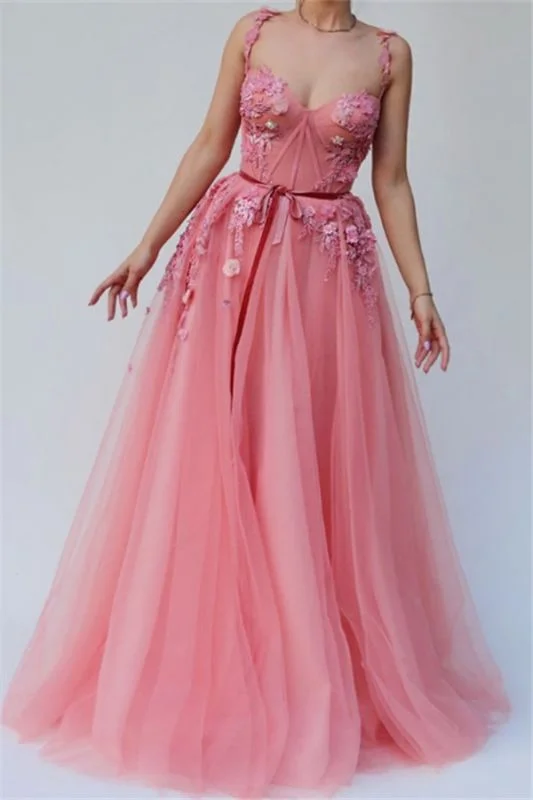 Holiday Sale Pink A-line Spaghetti Tulle Flower Applique Prom Dresses,DS4436