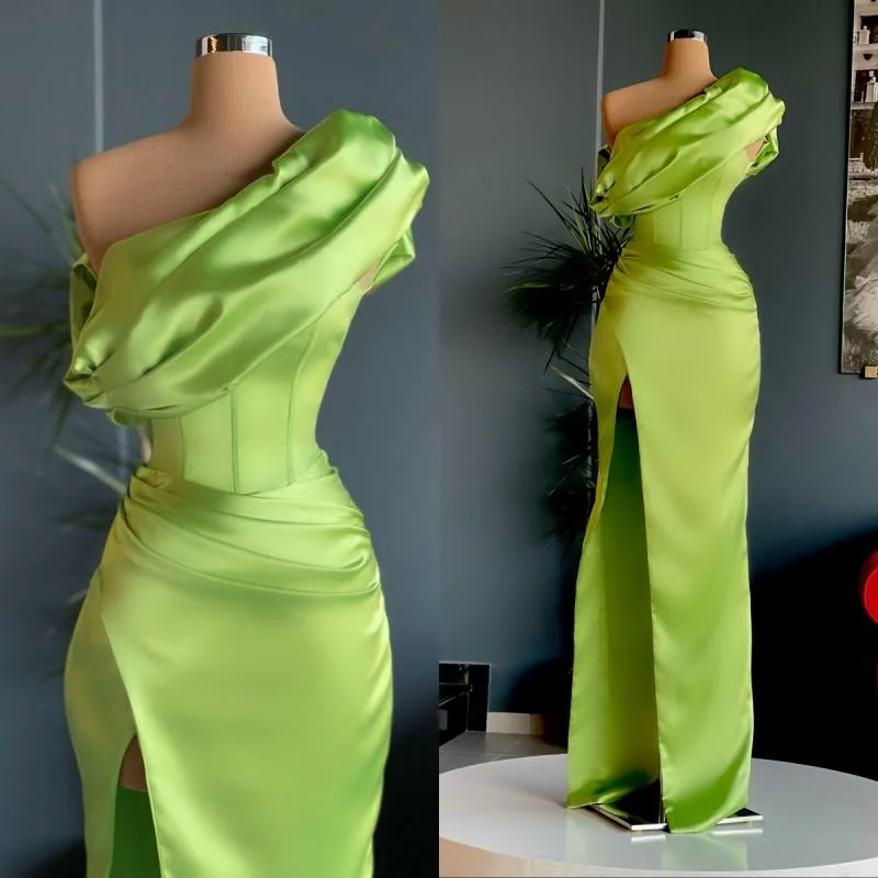 Don't Miss Green Elegant One Shoulder Long Evening Prom Dress with High Slit,DS3521