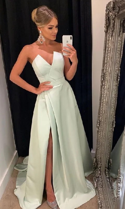 Daily Deals Soft Satin Strapless a line Fashion Prom Dresses with slit,DS4210