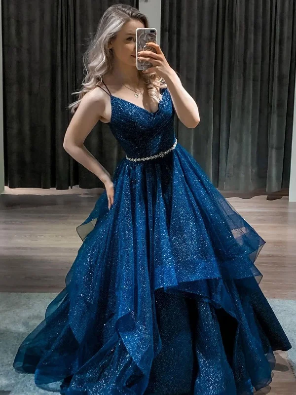 Massive Deals Blue v neck tulle sequin long prom dress blue formal dress,DS4457