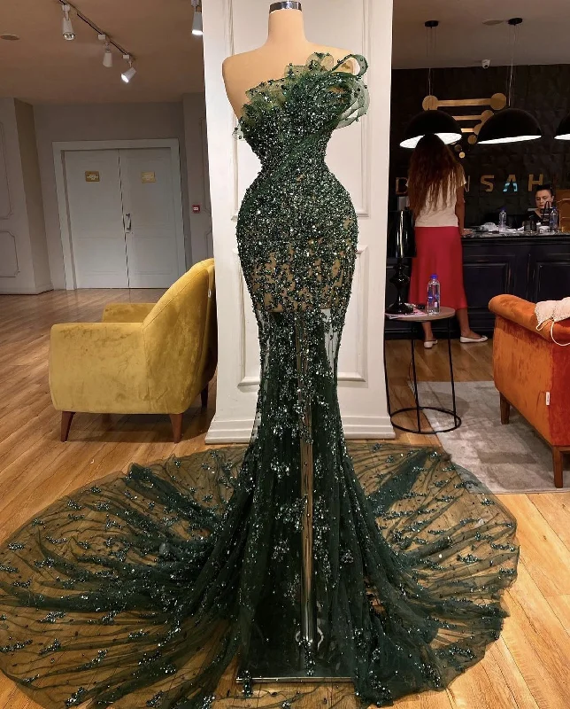 satin dressCharming Dark Green Beaded Mermaid Sparkly Evening Dress,DP07