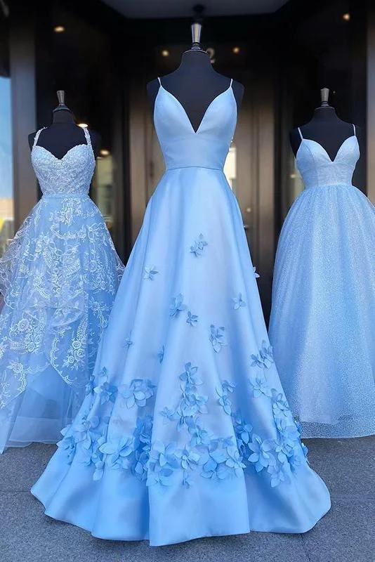 Year-End Clearance Charming Blue Spaghetti Straps V Neck Flowers Long Prom Dresses Satin Unique Formal Dresses,DS4446 Year-End Clearance Charming Blue Spaghetti Straps V Neck Flowers Long Prom Dresses Satin Unique Formal Dresses,DS4446