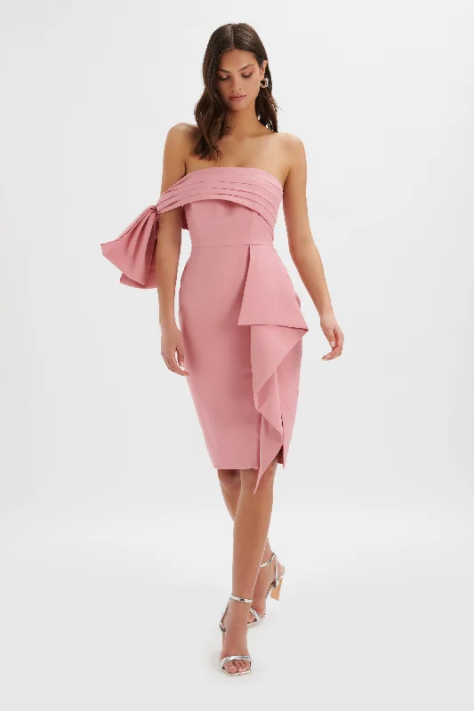 flowy dressATHENA Off Shoulder Bow Detail Midi Dress In Powder Pink