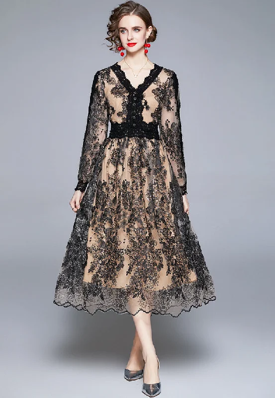Crazy Deals Lace lace V-neck long sleeved slim fitting mesh sequin embroidered long dress