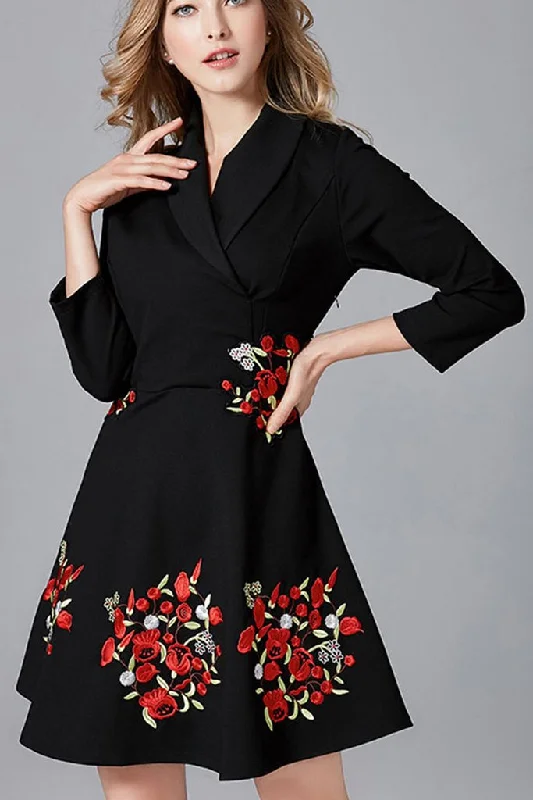 Price Break Three Quarter Sleeve Embroidered Surplice A-line Dress - L in Clearance