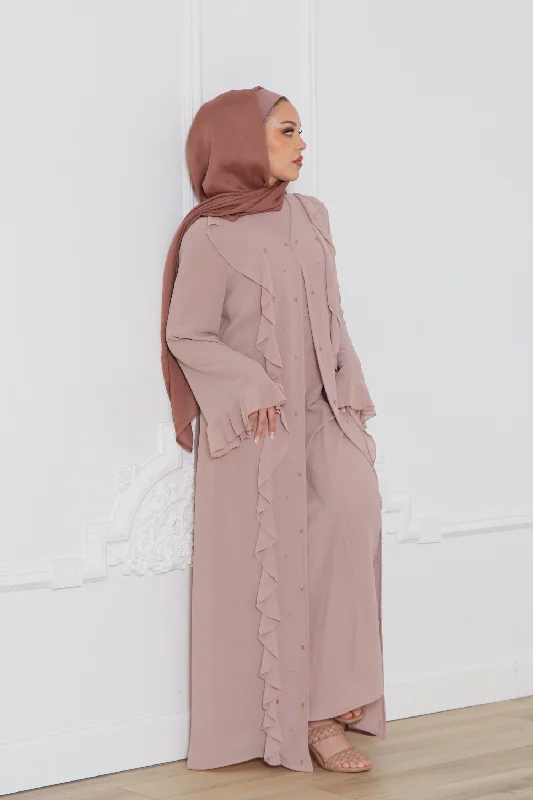 Online Only Lamya Beaded Chiffon Abaya Set- Dusty Rose