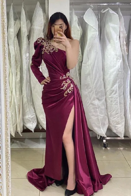 Final Clearance Amazing One Shoulder Long Sleeve Prom Dress Mermaid Slit Appliques,DS3244