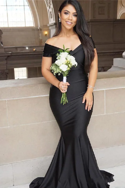 Limited Availability Black Off-the-shoulder Floor-length Backless Mermaid Prom Dress,F04794
