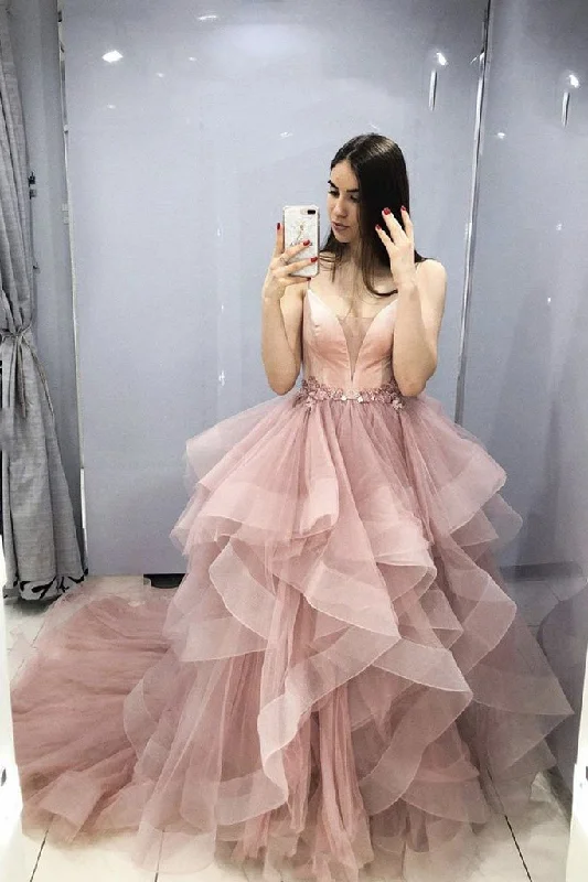 Bonus Savings Pink v neck tulle long prom dress pink sweet 16 dress,DS2231