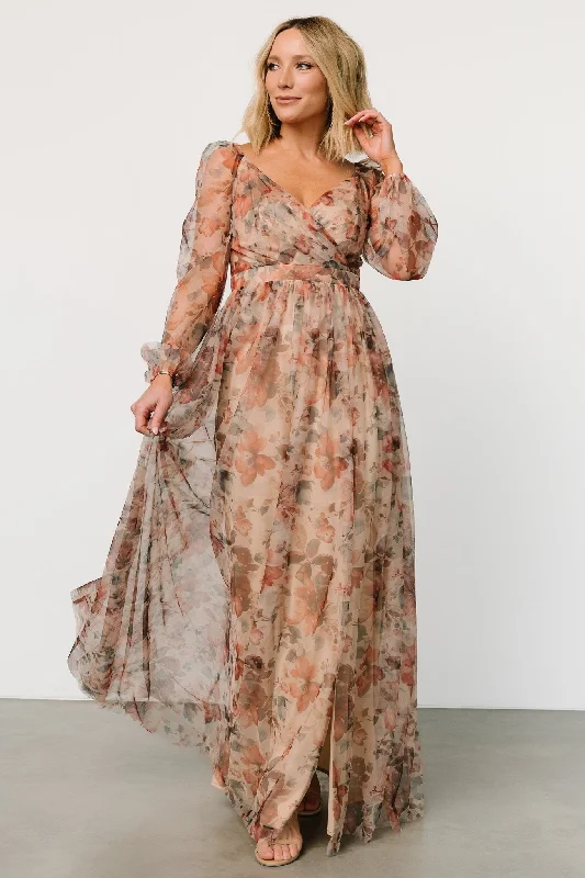 Seasonal Clearance Desiree Tulle Maxi Dress | Taupe Floral