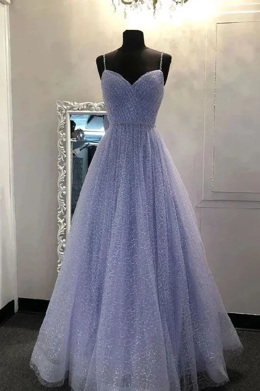 Super Sale Sparkly A Line Lavender Spaghetti Straps Prom Dresses, Tulle Sweetheart Evening Dresses,DS4104