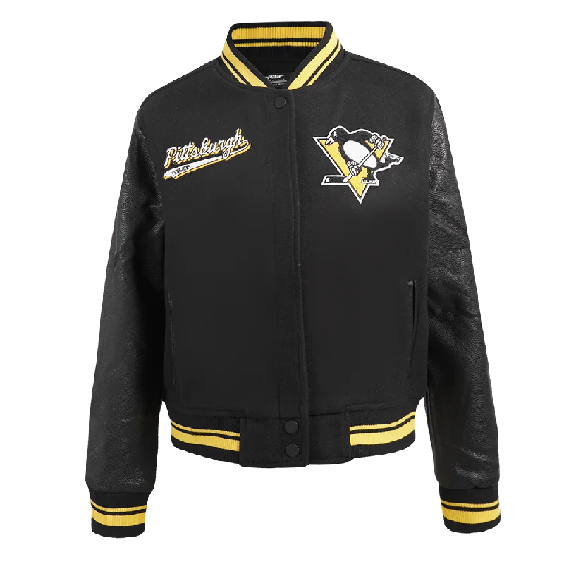 NHL PITTSBURGH PENGUINS SCRIPT TAIL WOMEN'S WOOL VARSITY JACKET (BLACK/YELLOW)