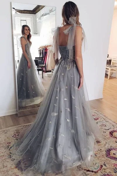 classic fit-and-flare dressCharming Grey Tulle Appliques Long Prom Dress Formal Dress With Lace Up,DP0160