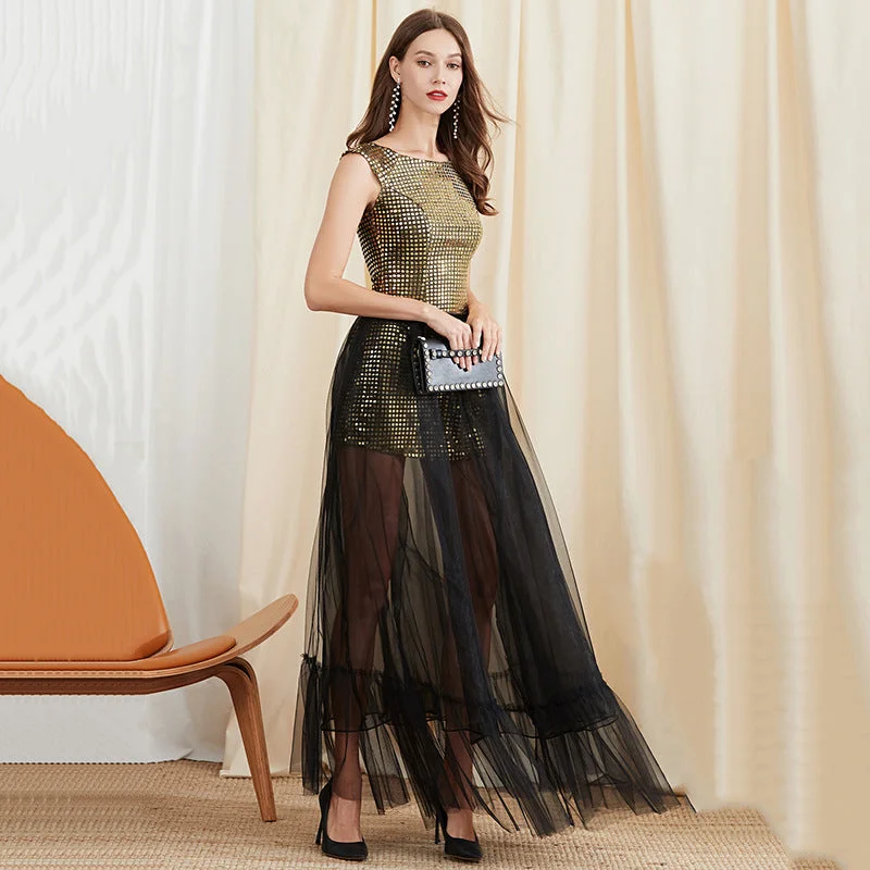 Act Now Fashion Round Neck New Detachable Mesh Sleeveless Evening Two piece  Dresses