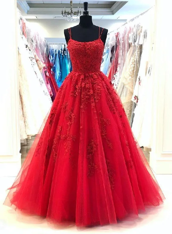 Seasonal Clearance Red Scoop A Line With Appliques Long Tulle Prom Dresses ,DS4116